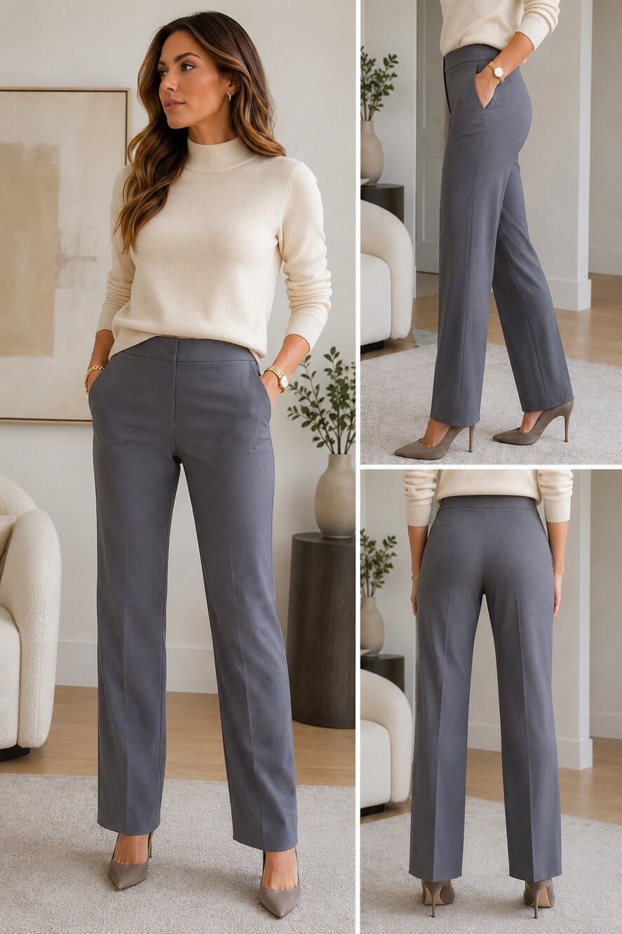 St. John Emma Pewter Gray Wool Blend Straight Leg Pants 8 NWT Raw Hem Luxury